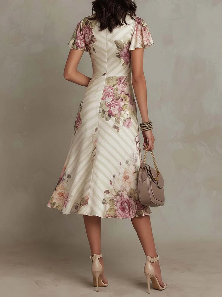 Margaret | Vintage Bloemen Midi Satijnen Jurk