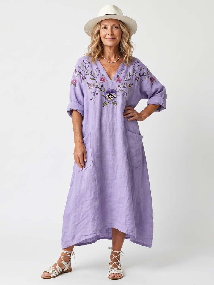 Tavi | Bloemige Geborduurde Oversized Midi Jurk met Zak