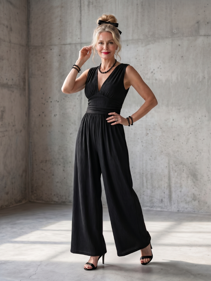 Vincenza | Diepe V Taille Gedefinieerde Wijde Pijpen Jumpsuit