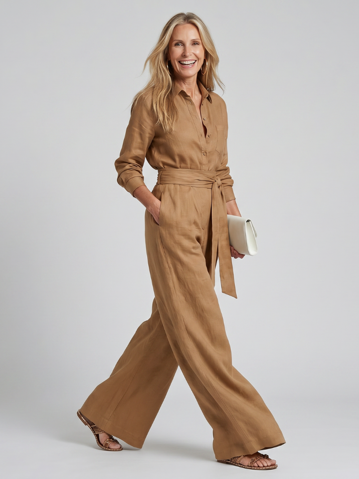 Jovie | Lange Mouw Knop Voor Breed Been Jumpsuit