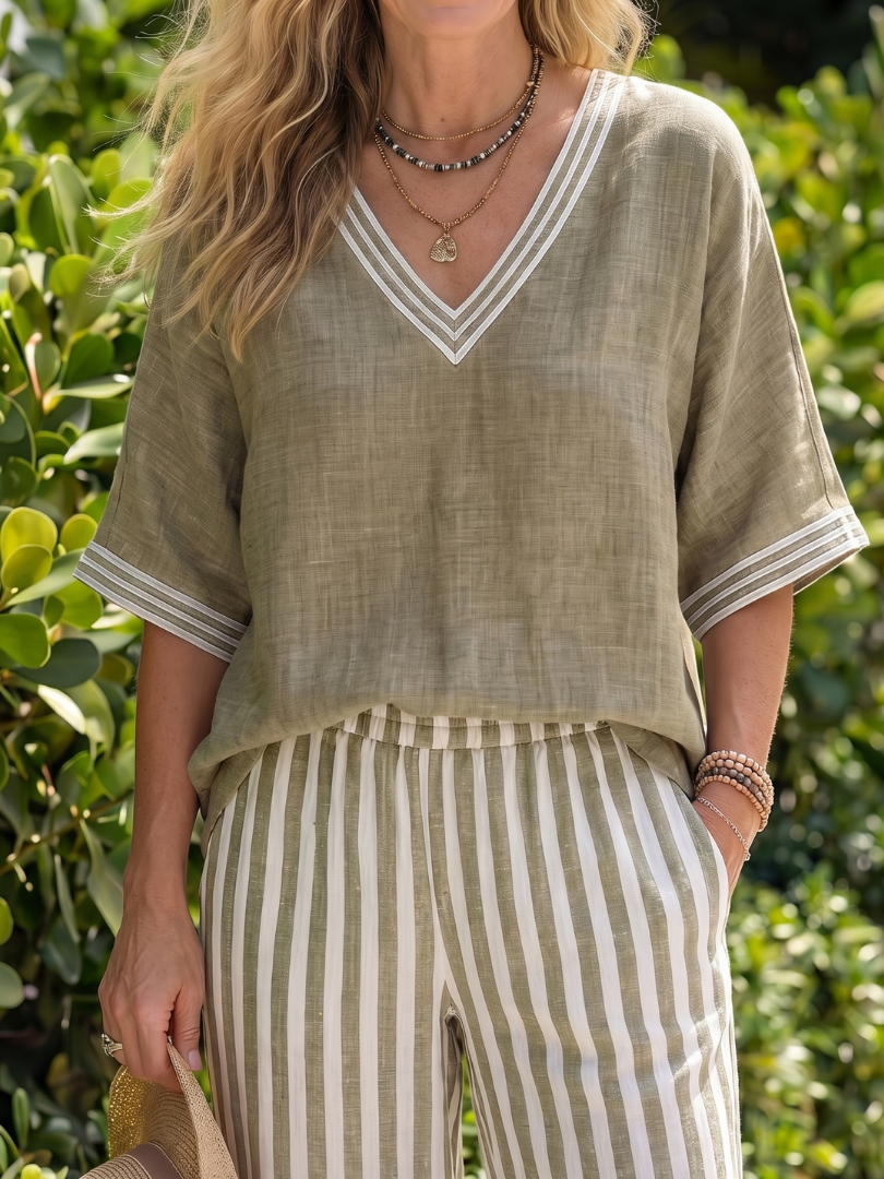Wren | Contrast V-hals Tuniek Stripe Broek Set