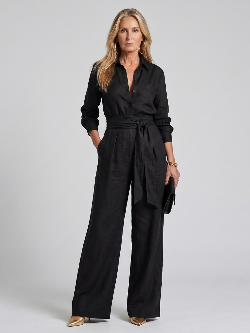 Jovie | Lange Mouw Knop Voor Breed Been Jumpsuit