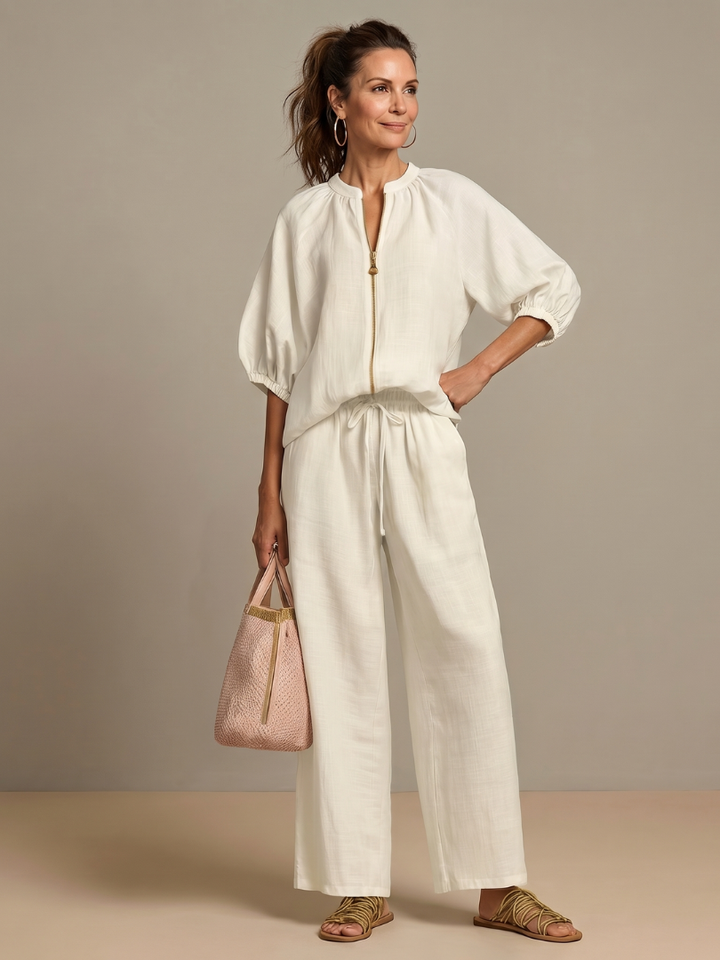 Natalia | Blouson Top met Rits en Brede Pijpen Set