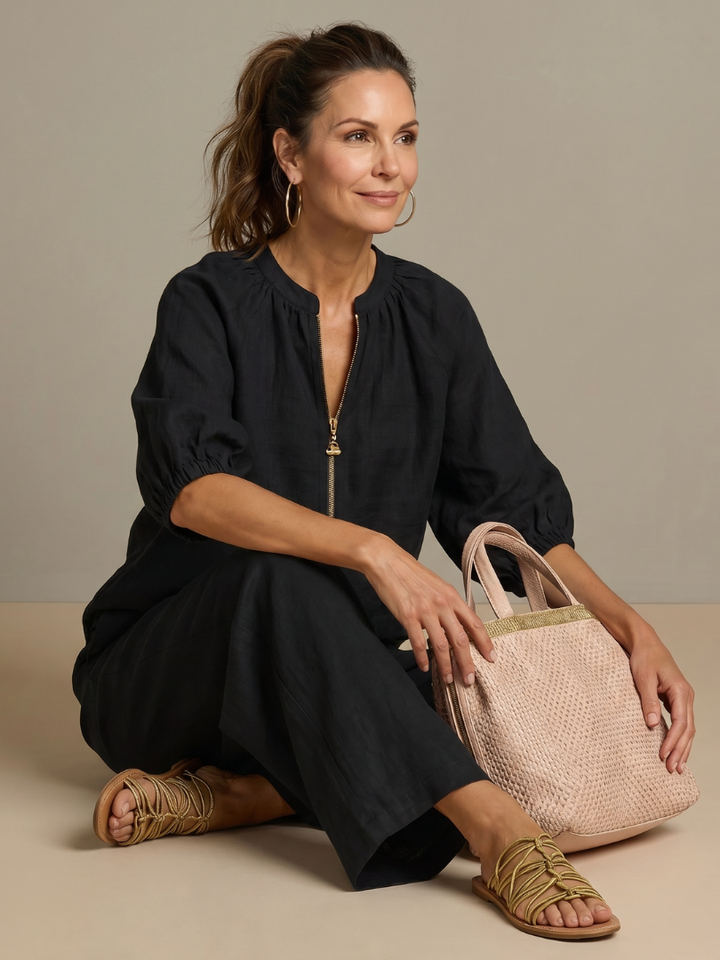 Natalia | Blouse met Rits Voorkant en Brede Pijpen Set