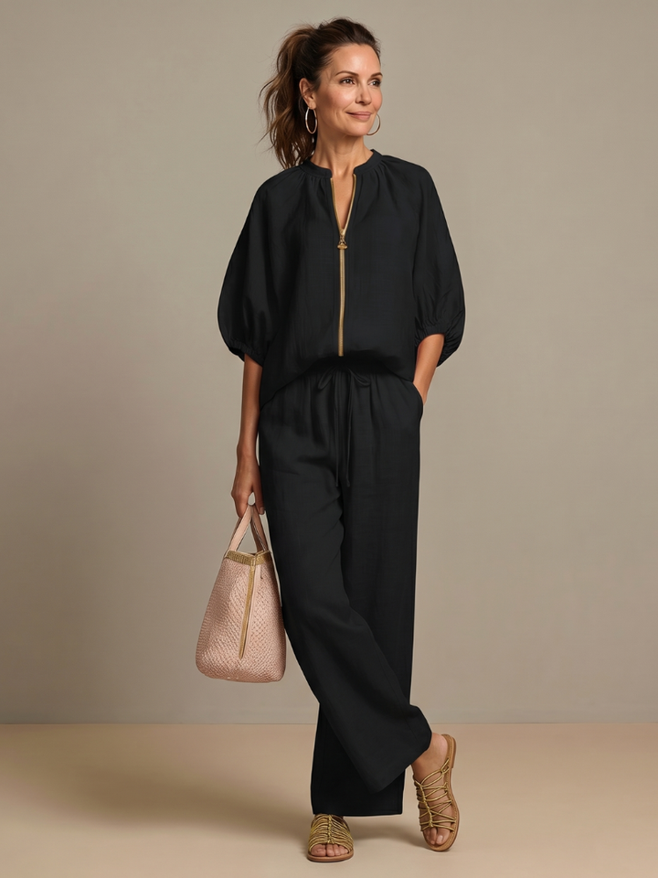 Natalia | Blouson Top met Rits en Brede Pijpen Set