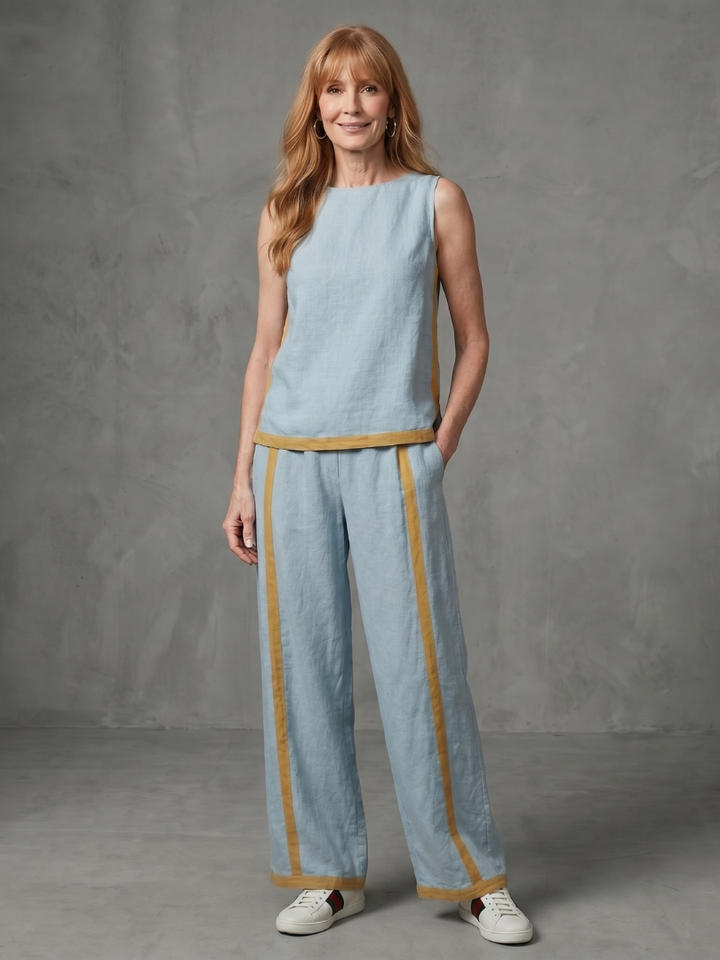 Inara | Mouwloze Top Set met Wijde Broek in Contrast
