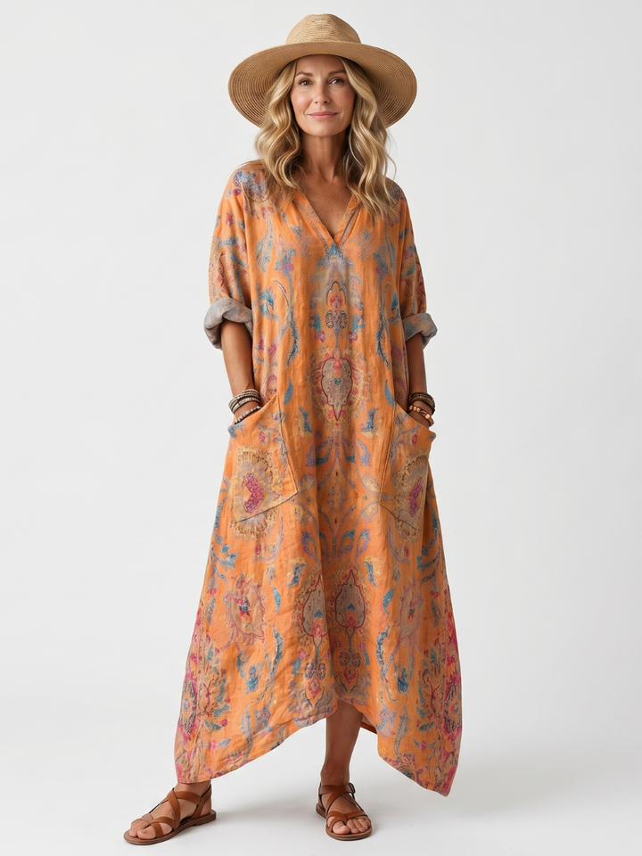 Remi | Notch Neck Gedrukte Oversized Midi Jurk met Zak