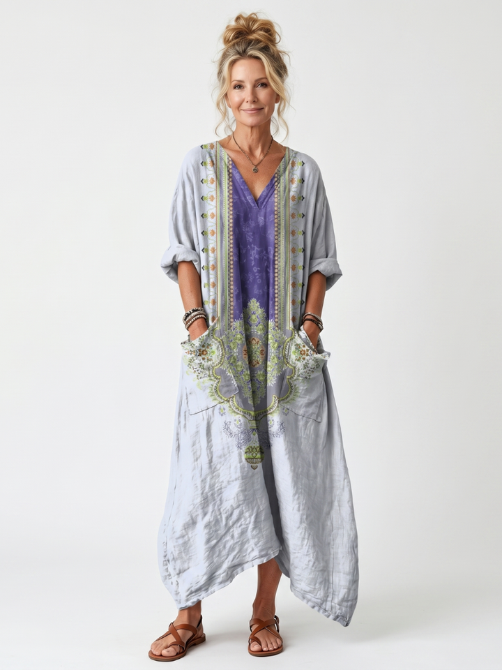 Raina | Contrast Paneel Geborduurde Oversized Pocket Midi Jurk