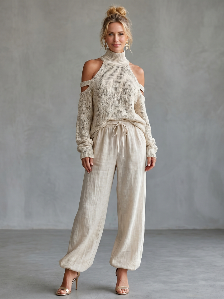 Questa | Open Schouder Gebreide Top En Brede Pantalon Set