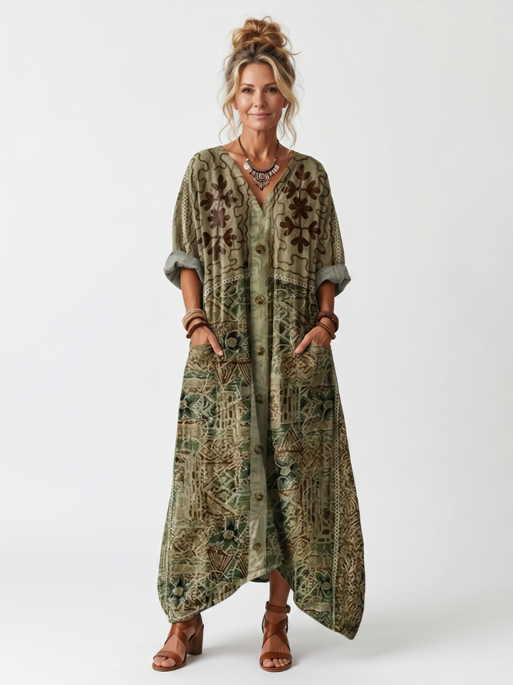 Aleta | Knop Voorkant Geborduurde Oversized Pocket Midi Jurk
