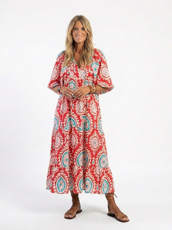 Zaria | Paisley Print V-hals Korte Mouw Midi Jurk