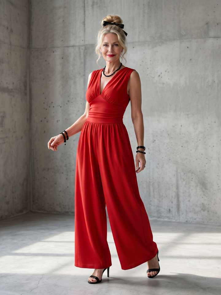 Vincenza | Diepe V Taille Gedefinieerde Wijde Pijpen Jumpsuit
