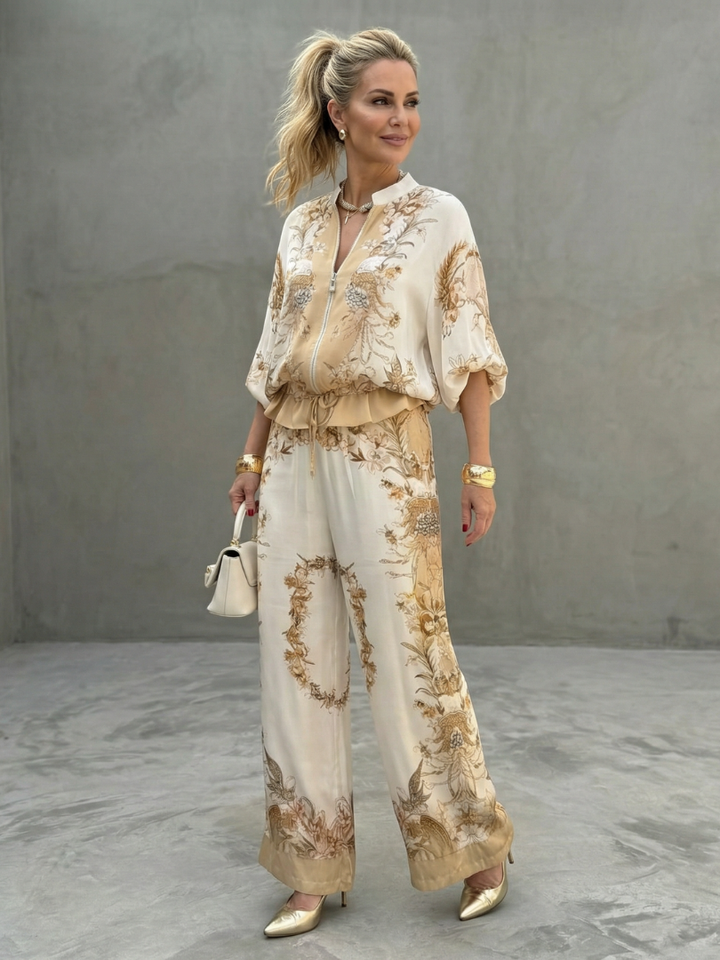 Indie | Zip Front Blouson Top Geprinte Twee-Delige Set