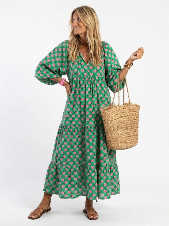 Fiora | Bloemenprint V-Hals Gelaagde Midi-jurk