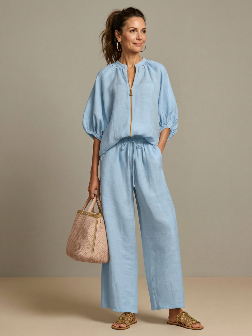 Natalia | Blouson Top met Rits en Brede Pijpen Set