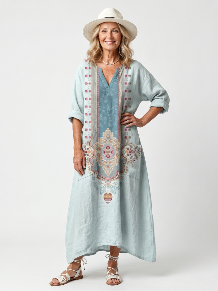 Kassiani | Versierd Paneel Geborduurd Oversized Pocket Midi Jurk