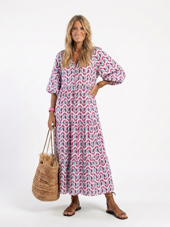 Mireya | Geometrische Print Lange Mouw Tiered Midi Jurk