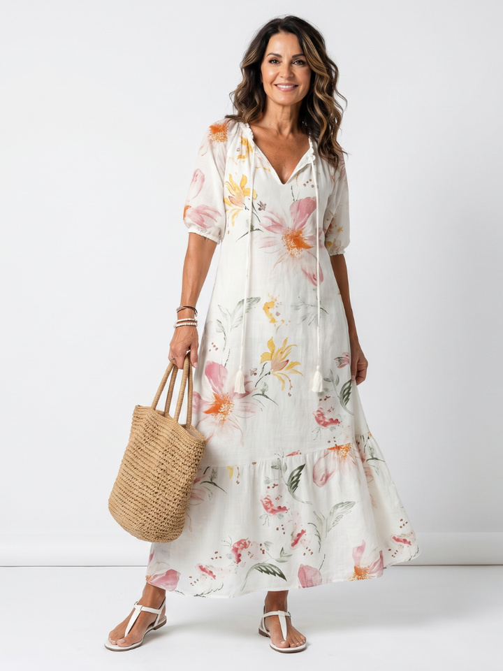 Noa | Zachte Bloemenlagen Tassel Midi Jurk