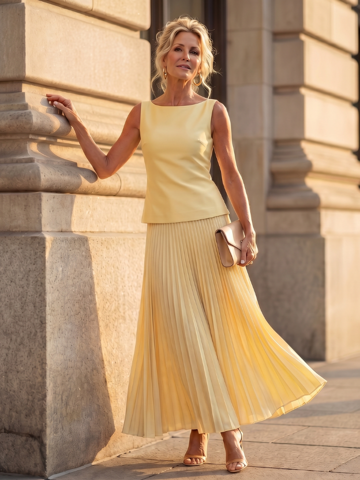 Rhodos | Gestructureerde Mouwloze Bodice met Plissé Rok Set