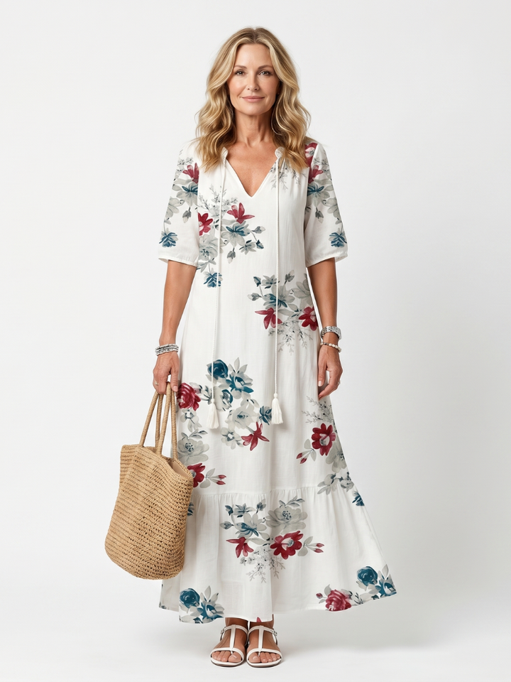 Maeva | Verspreide Bloemen Tassel Tie Midi Jurk
