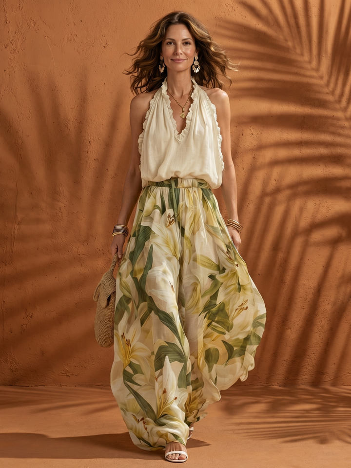 Solange | Halter Nek Blouse Bloemige Wijde Pantalon Set