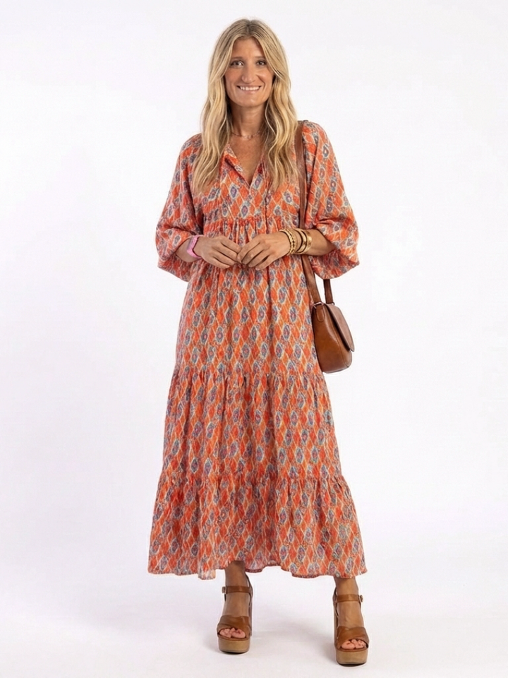 Amara | Geometrische Print V-Hals Gelaagde Midi Jurk