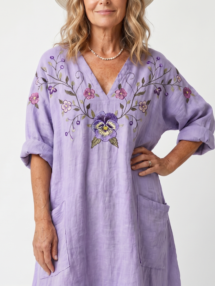 Tavi | Bloemige Geborduurde Oversized Midi Jurk met Zak
