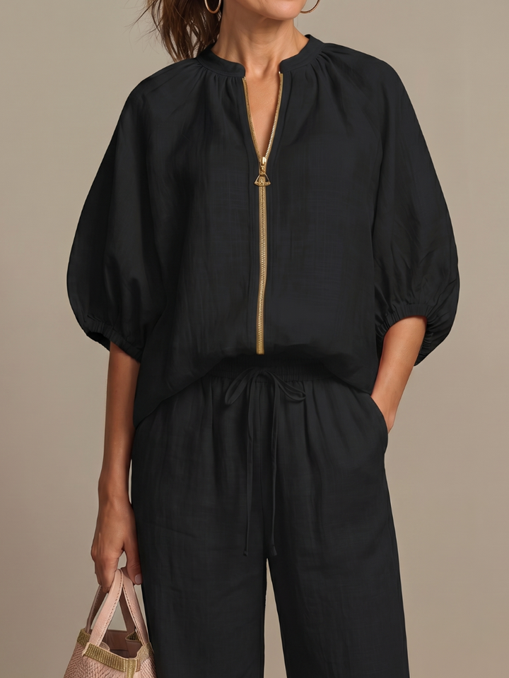 Natalia | Blouse met Rits Voorkant en Brede Pijpen Set