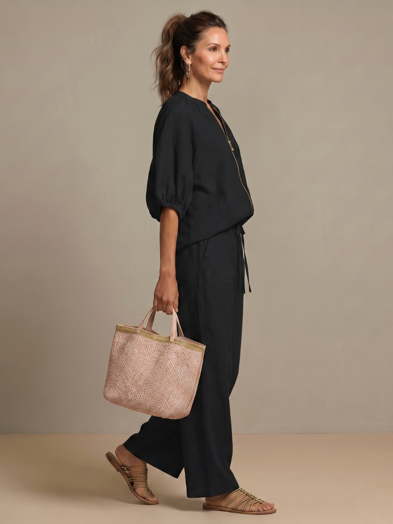Natalia | Blouse met Rits en Brede Pijpen Set