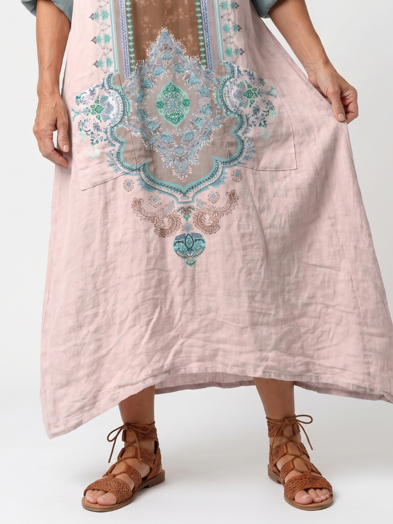 Kenza | Geborduurd Paneel Ontspannen Pocket Midi Jurk