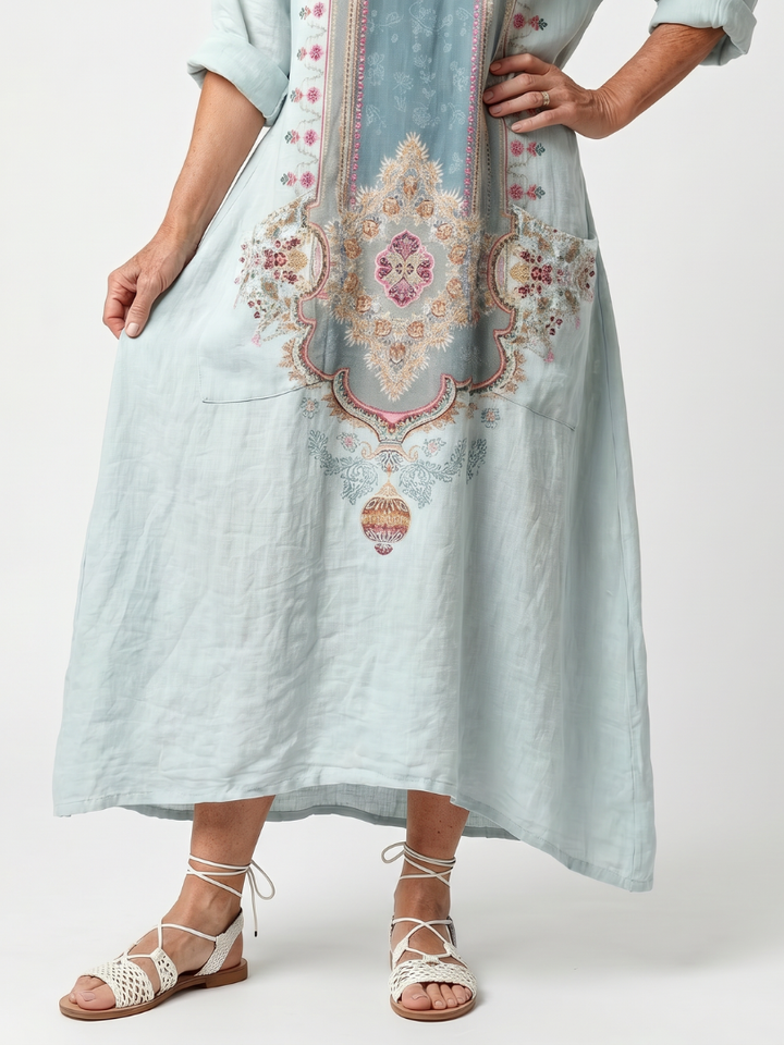 Kassiani | Versierd Paneel Geborduurd Oversized Pocket Midi Jurk