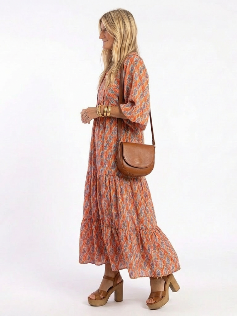 Amara | Geometrische Print V-Hals Gelaagde Midi Jurk