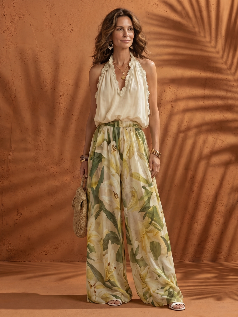 Solange | Halter Nek Blouse Bloemige Wijde Pantalon Set