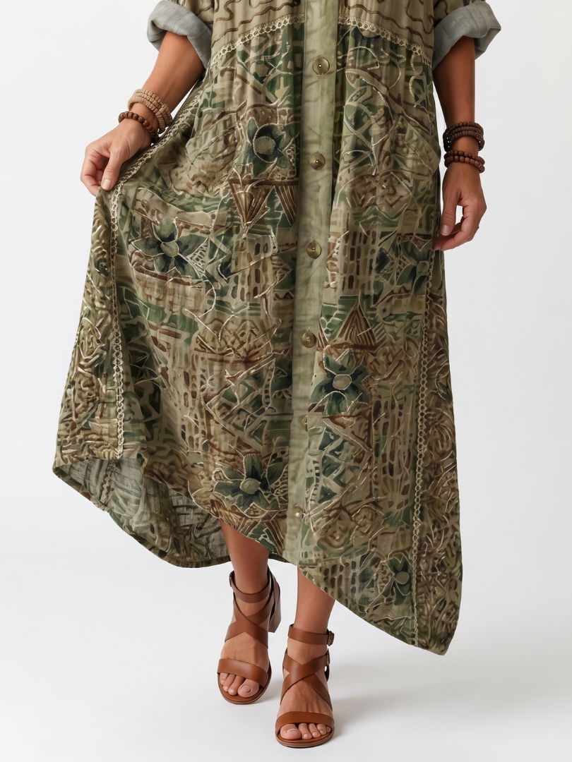 Aleta | Knop Voorkant Geborduurde Oversized Pocket Midi Jurk