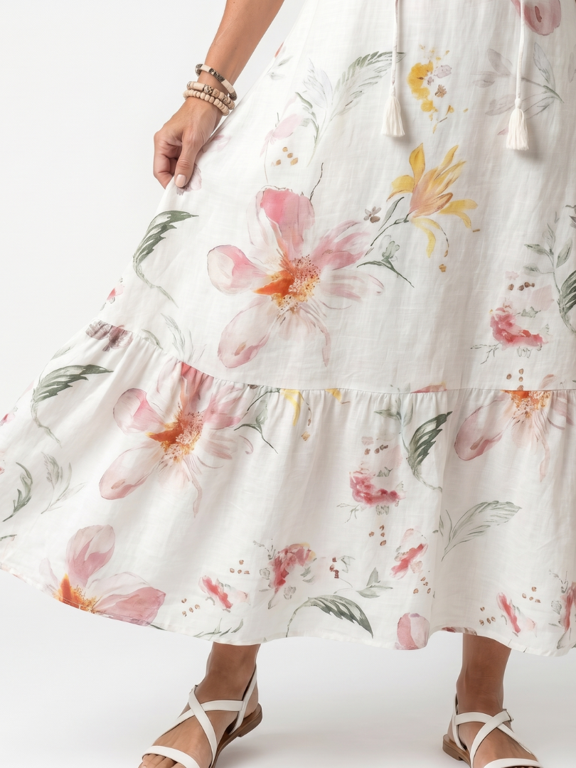 Noa | Zachte Bloemenlagen Tassel Midi Jurk