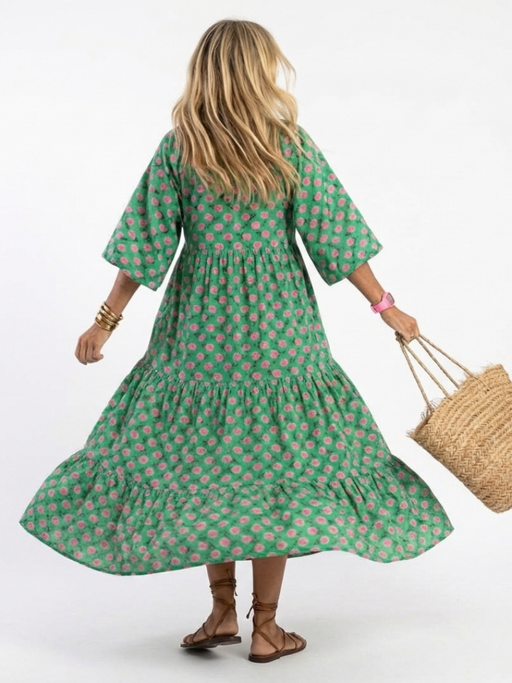 Fiora | Bloemenprint V-Hals Gelaagde Midi-jurk