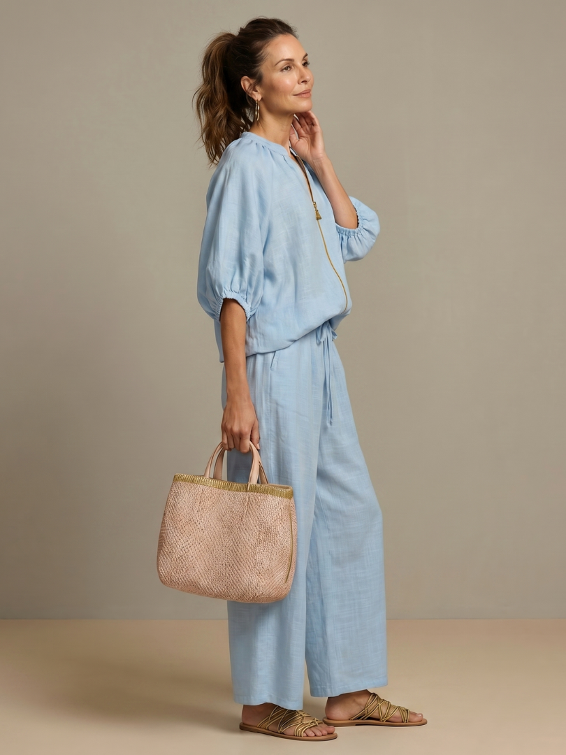Natalia | Blouson Top met Rits en Brede Pijpen Set