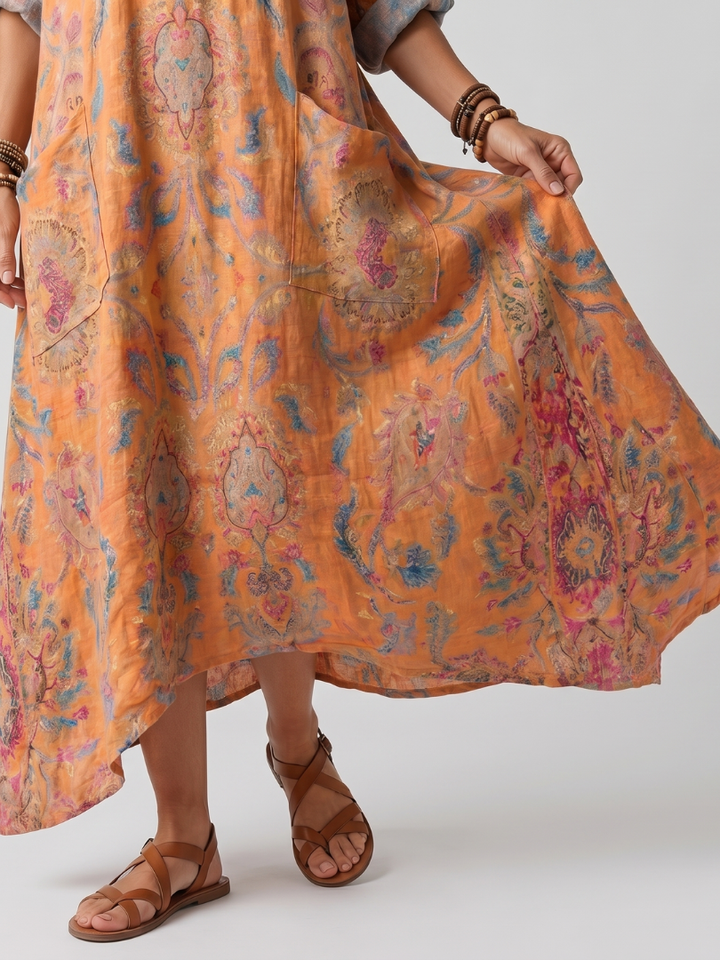 Remi | Notch Neck Gedrukte Oversized Midi Jurk met Zak