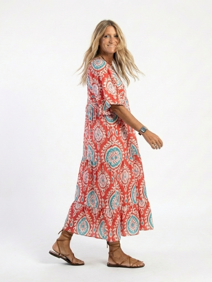 Zaria | Paisley Print V-hals Korte Mouw Midi Jurk