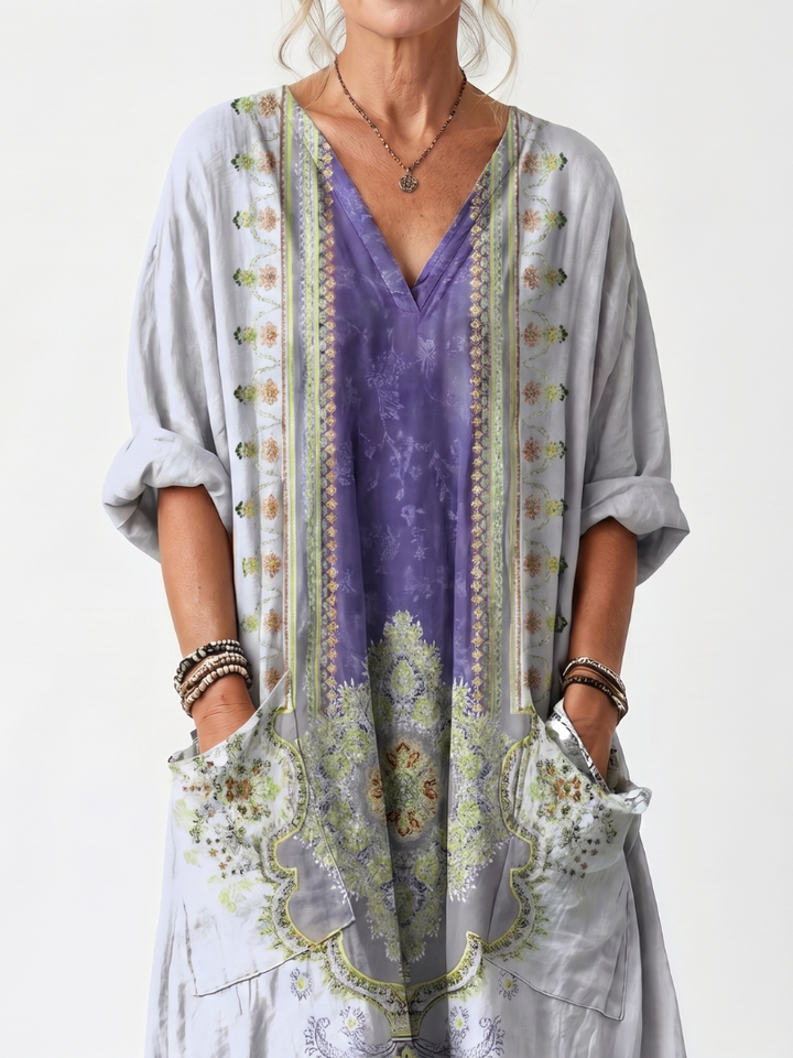 Raina | Contrast Paneel Geborduurde Oversized Pocket Midi Jurk