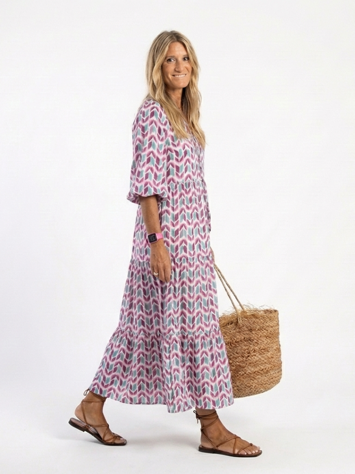 Mireya | Geometrische Print Lange Mouw Tiered Midi Jurk