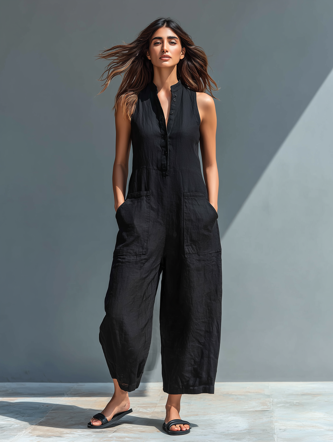 Vittoria | Minimalistische Zwarte Linnen Jumpsuit