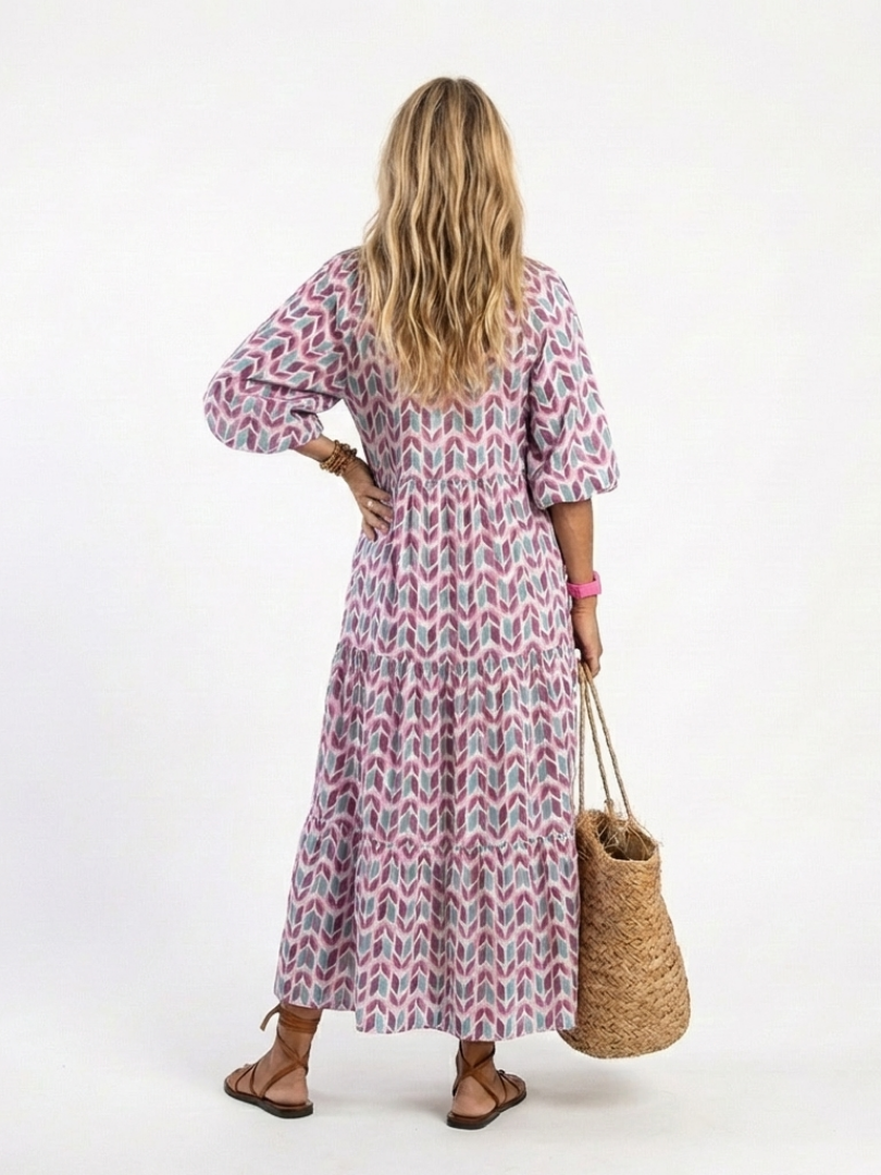 Mireya | Geometrische Print Lange Mouw Tiered Midi Jurk