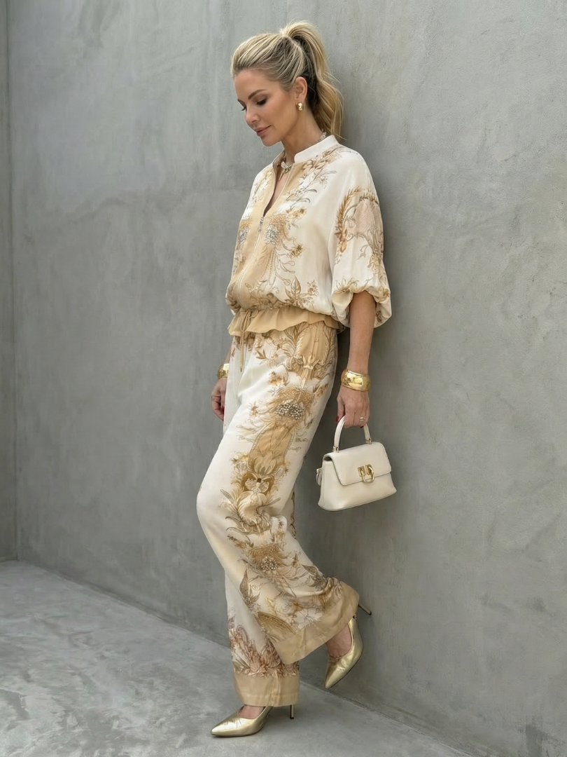 Indie | Zip Front Blouson Top Geprinte Twee-Delige Set