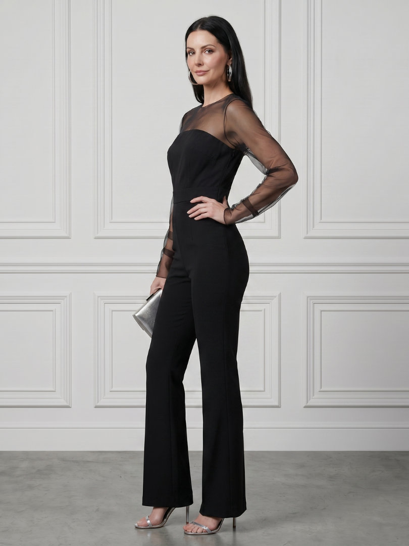 Oksana | Doorzichtig Aansluitend Lijf Flared Leg Jumpsuit