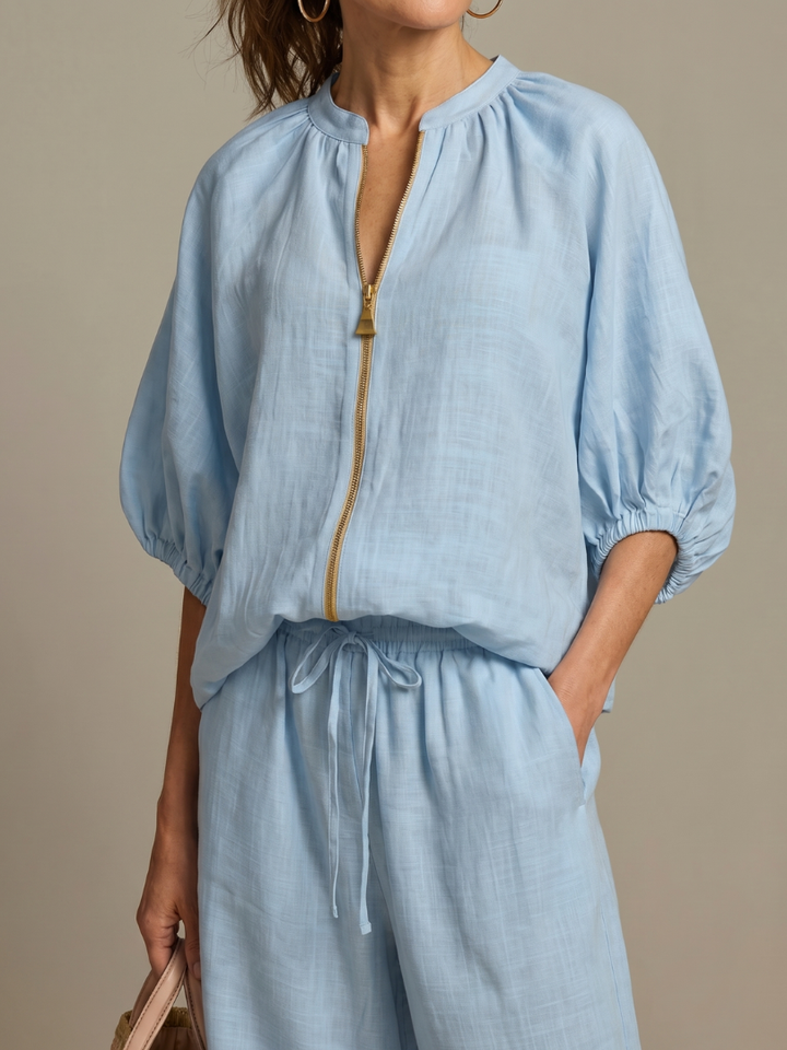 Natalia | Blouse met Rits en Brede Pijpen Set