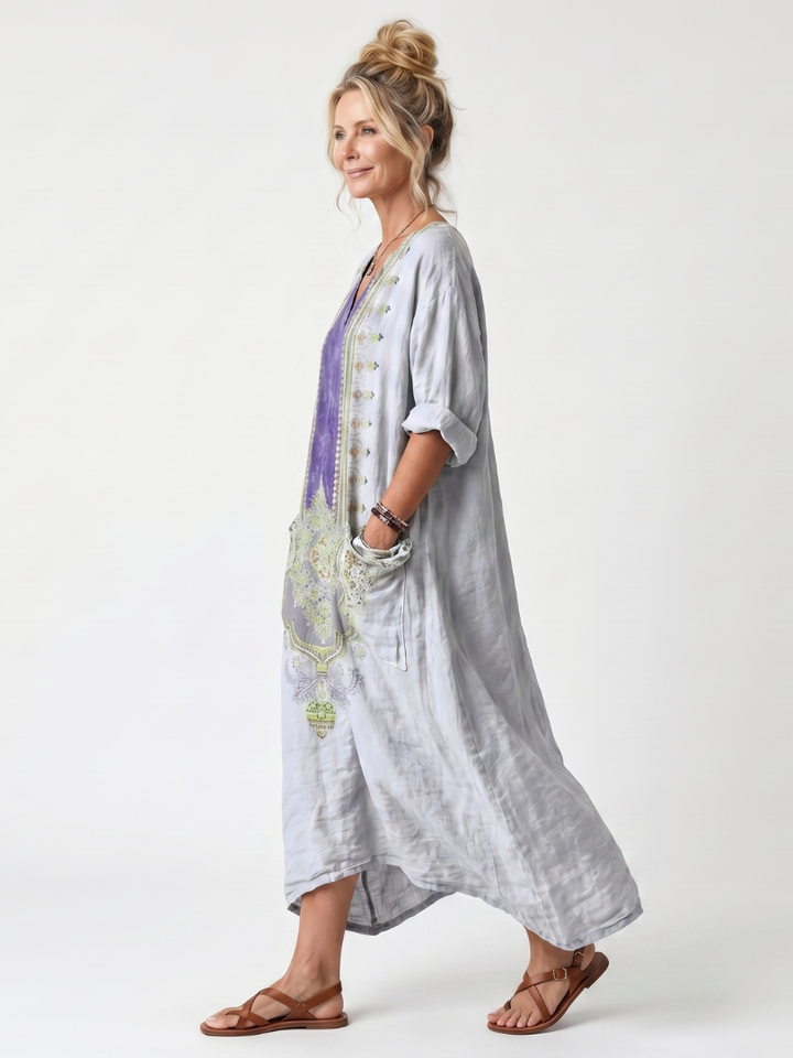 Raina | Contrast Paneel Geborduurde Oversized Pocket Midi Jurk