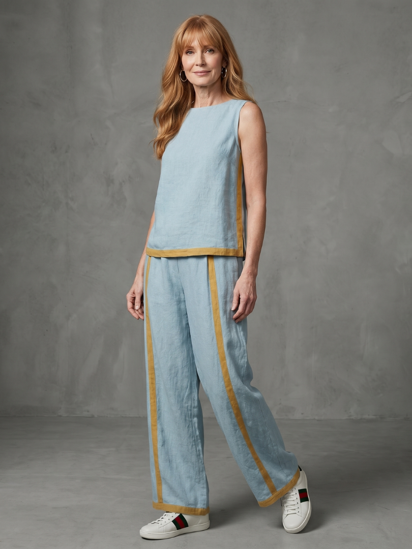 Inara | Mouwloze Top Set met Wijde Broek in Contrast