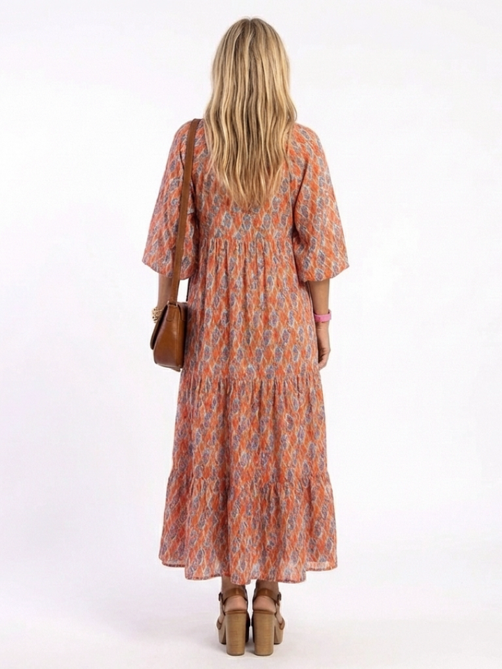 Amara | Geometrische Print V-Hals Gelaagde Midi Jurk