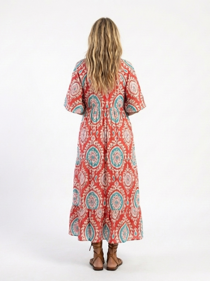 Zaria | Paisley Print V-hals Korte Mouw Midi Jurk